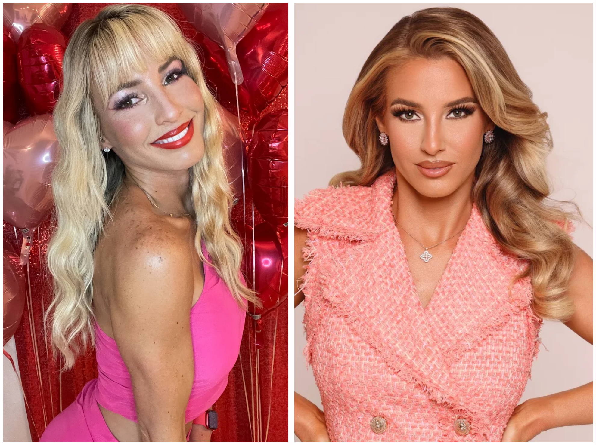 Amanda before and after Soft Autumn color analysis; warm honey hair, salmon dress, coppery eyeshadow