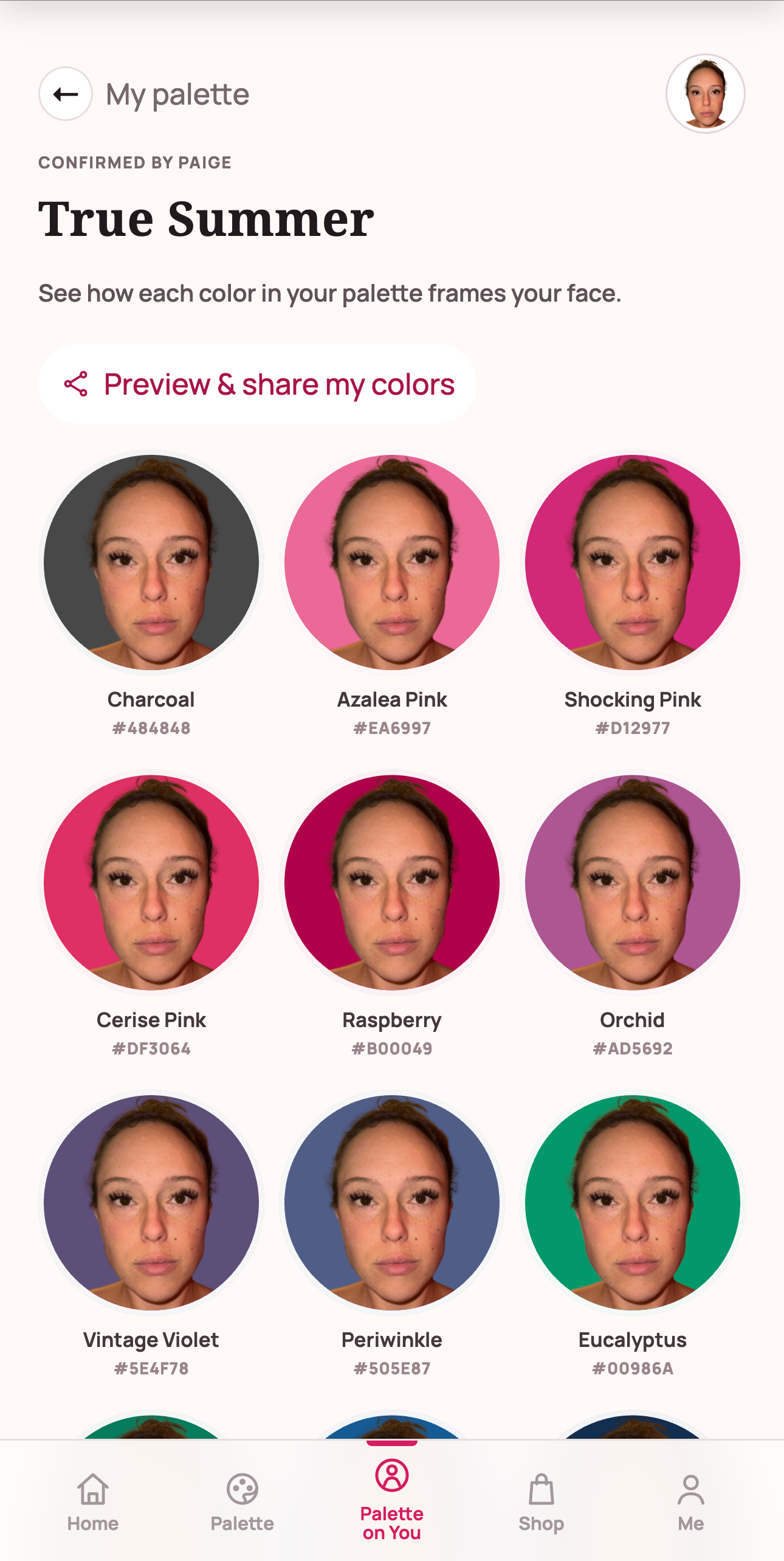 Paige’s saved portrait with her True Summer colors in Palette on You